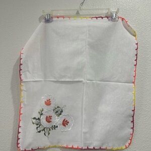 Hand Embroidered Floral White Orange Green Handkerchief Napkin NEW